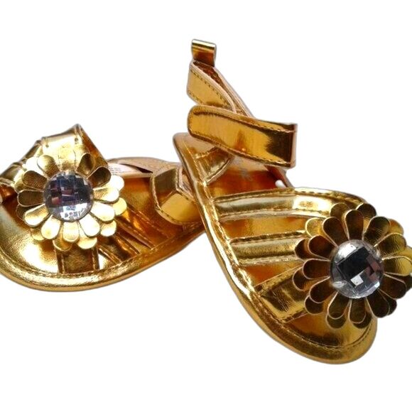 Little Me Baby Girl Sandals Sz 3 Infant Gold Straps Flower Rhinestone Velcro NEW - Picture 1 of 10